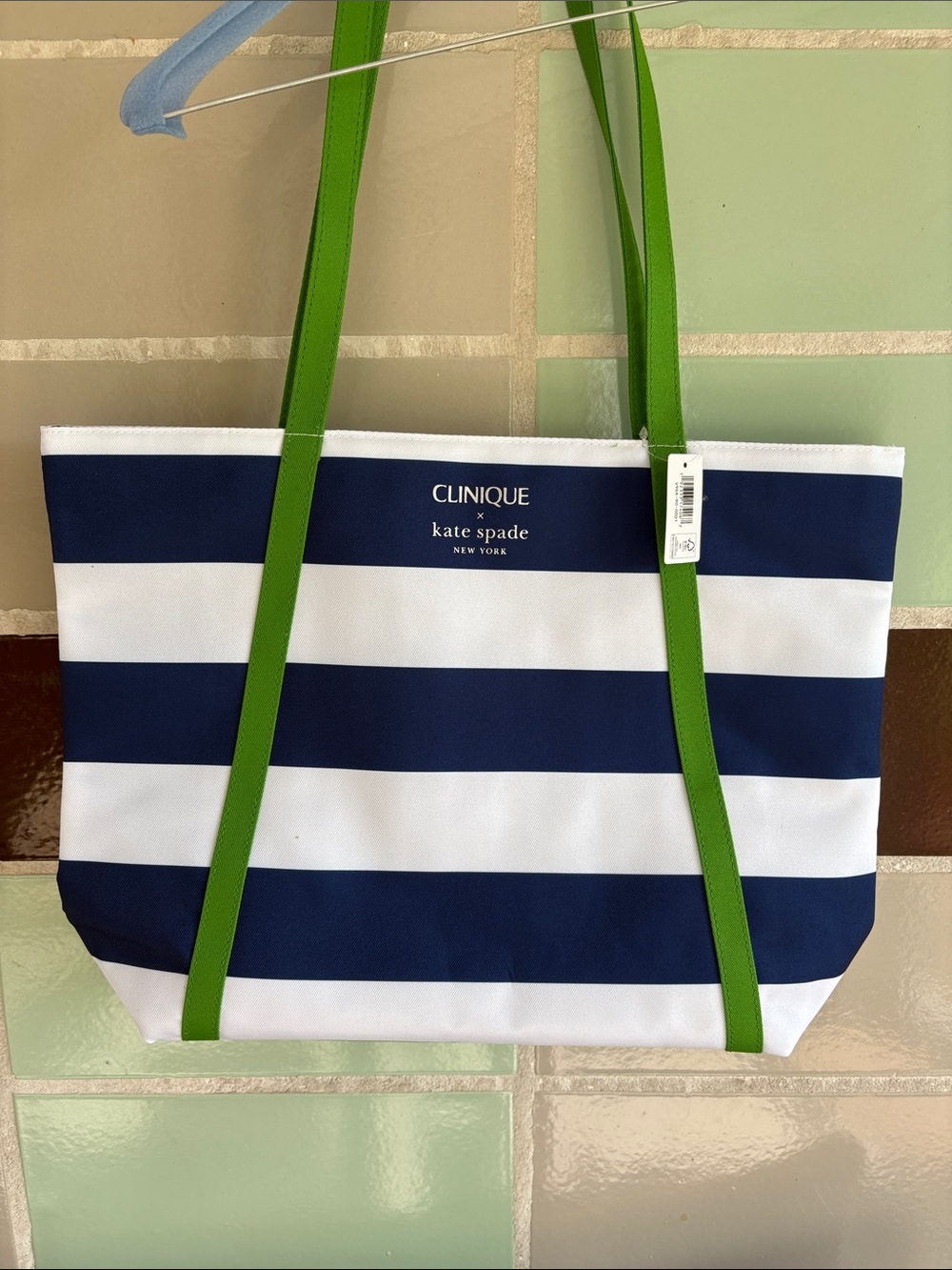 Kate Spade Clinique NWT Navy & White Stripe Tote with Green Handles